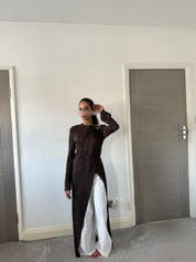 Trim detail pleated asymmetric modest long top
