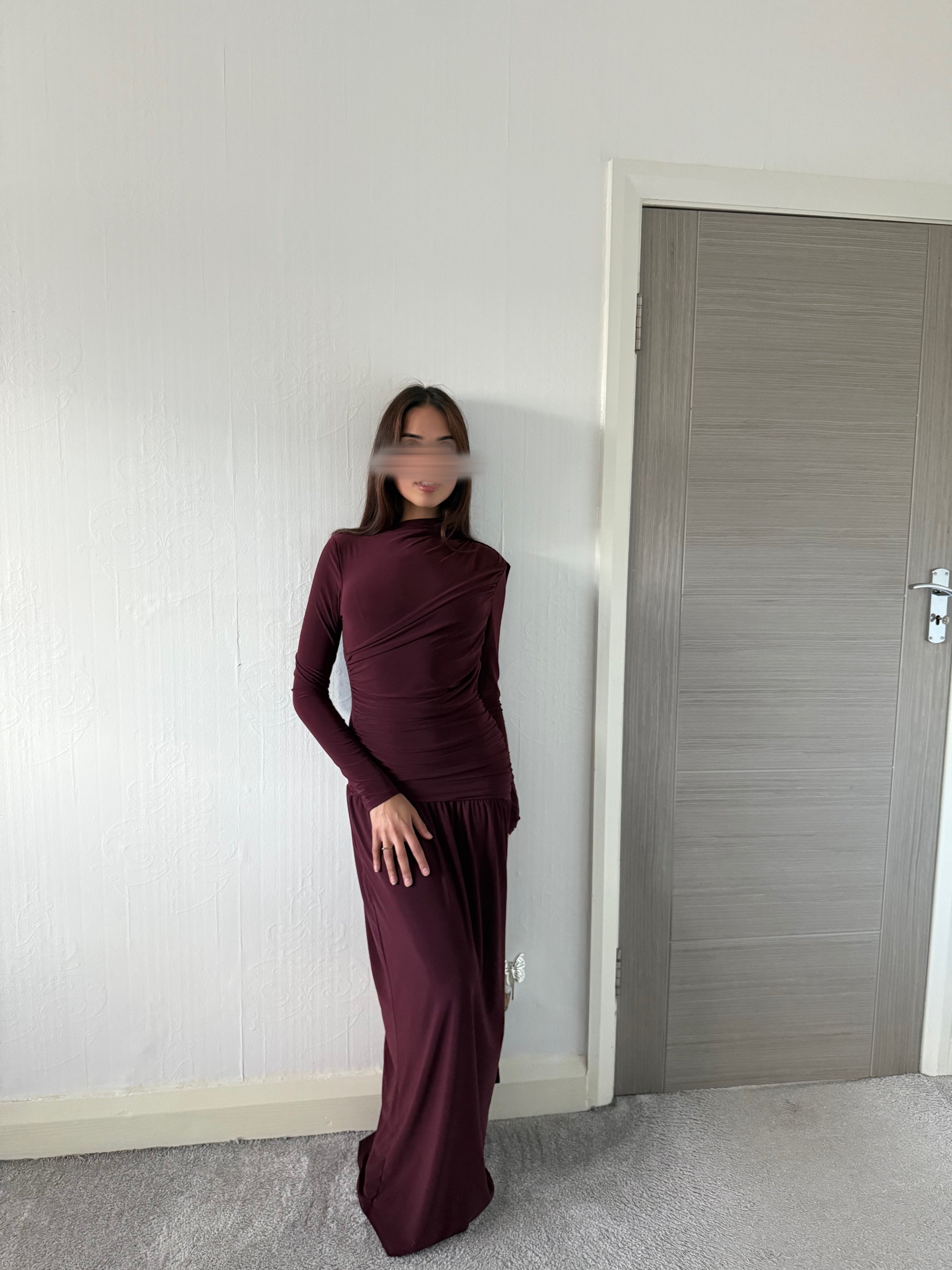 Soft Drape & gather detail maxi dress in plum