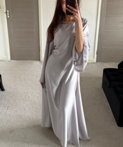 Lace up back flared sleeve satin occasion dress