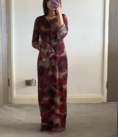 Tie neck detail mesh maxi dress in mixed red flora
