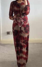 Tie neck detail mesh maxi dress in mixed red flora