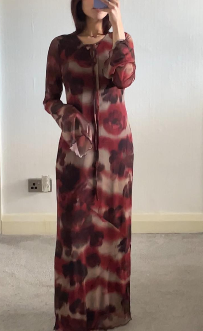 Tie neck detail mesh maxi dress in mixed red flora