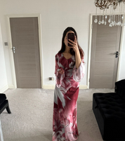 Abstract floral tie back frill sleeve chiffon maxi dress