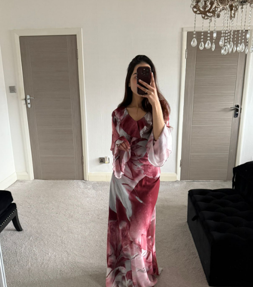 Abstract floral tie back frill sleeve chiffon maxi dress