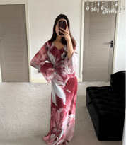 Abstract floral tie back frill sleeve chiffon maxi dress