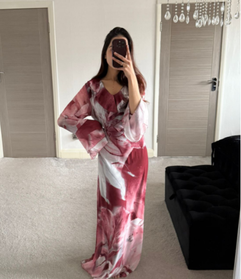 Abstract floral tie back frill sleeve chiffon maxi dress