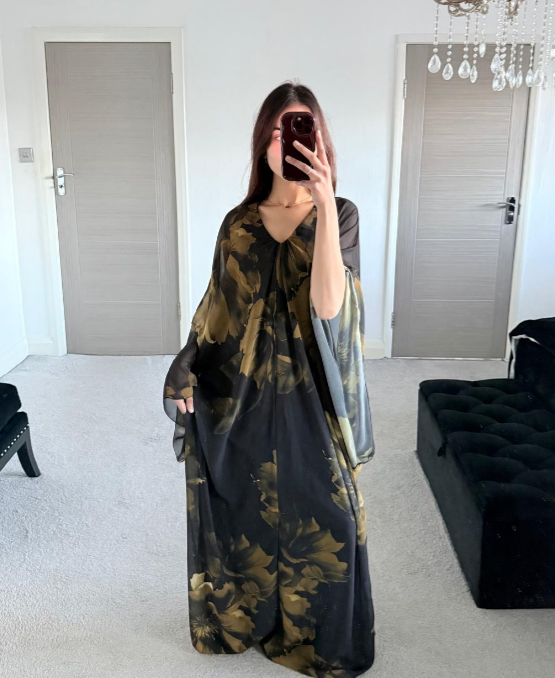 Chiffon batwing abaya in olive green bloom floral