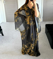 Chiffon batwing abaya in olive green bloom floral