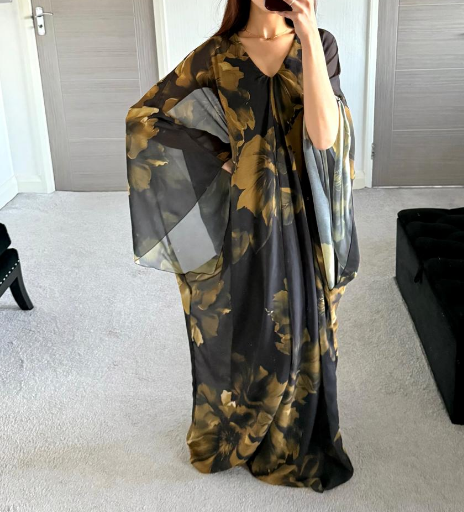 Chiffon batwing abaya in olive green bloom floral