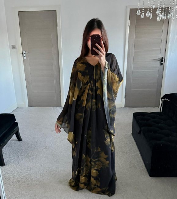 Chiffon batwing abaya in olive green bloom floral