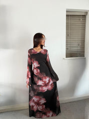 Tie back chiffon dress in dark bloom
