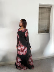 Tie back chiffon dress in dark bloom
