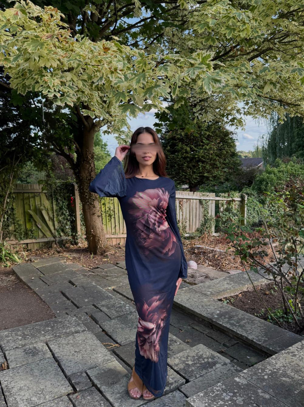 Placement printed mesh dress with inner lined sleeves
