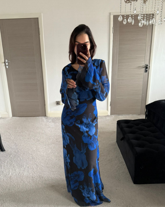 Abstract blue tie back chiffon dress
