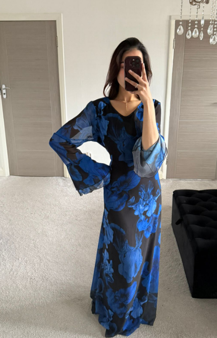 Abstract blue tie back chiffon dress