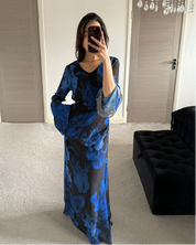 Abstract blue tie back chiffon dress