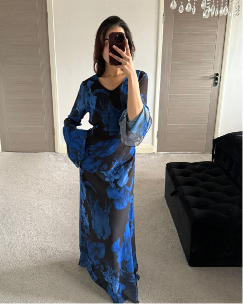 Abstract blue tie back chiffon dress