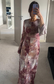 Crushed mesh double frill sleeve detail maxi dress in blurred floral