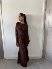 Drape tie front maxi dress in espresso brown