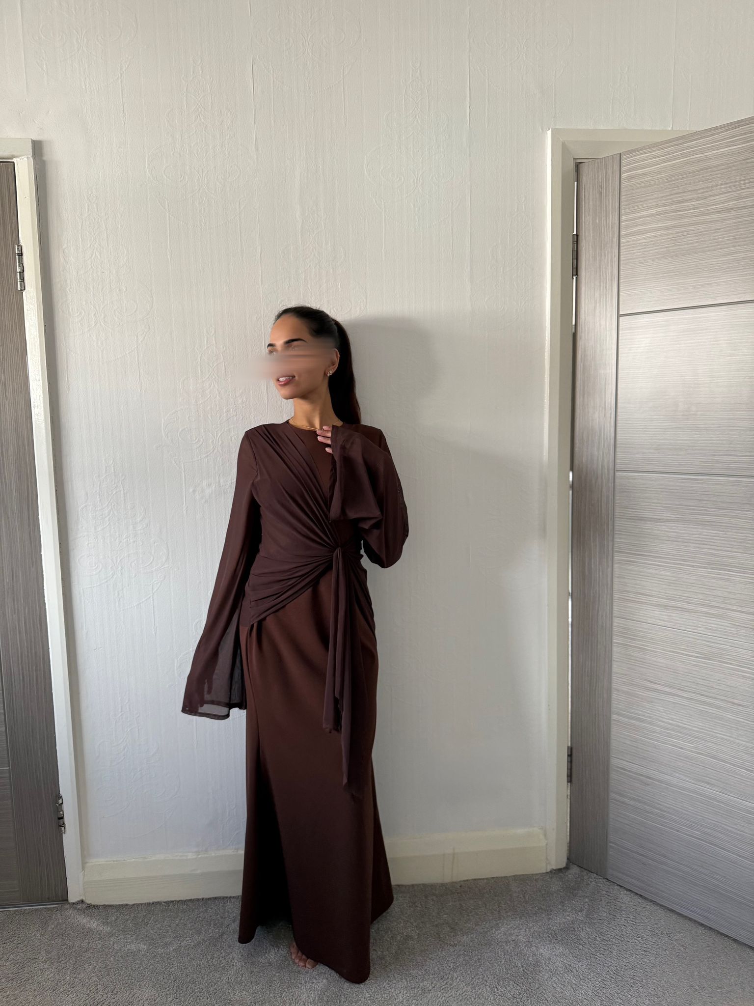 Drape tie front maxi dress in espresso brown