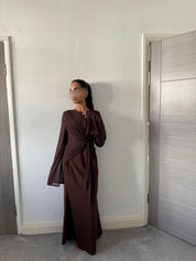 Drape tie front maxi dress in espresso brown