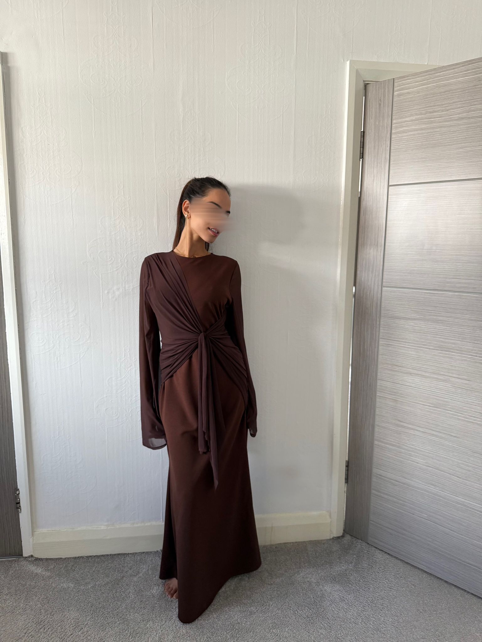 Drape tie front maxi dress in espresso brown