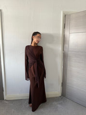 Drape tie front maxi dress in espresso brown
