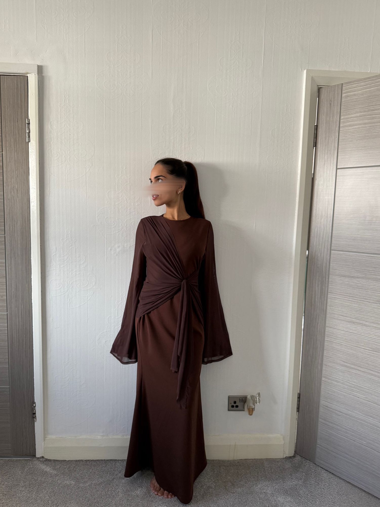 Drape tie front maxi dress in espresso brown – Shes Out