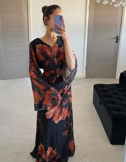 Tie back chiffon dress in burnt orange floral
