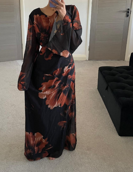 Tie back chiffon dress in burnt orange floral