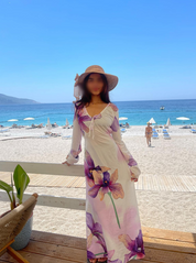 Gathered neck detail long sleeve maxi dress in mixed purple floral