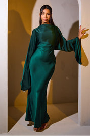 Cape sleeve detail satin tie back occasion maxi dress