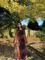 Tie back chiffon dress in brown abstract