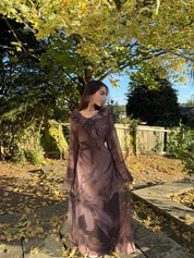 Tie back chiffon dress in brown floral abstract