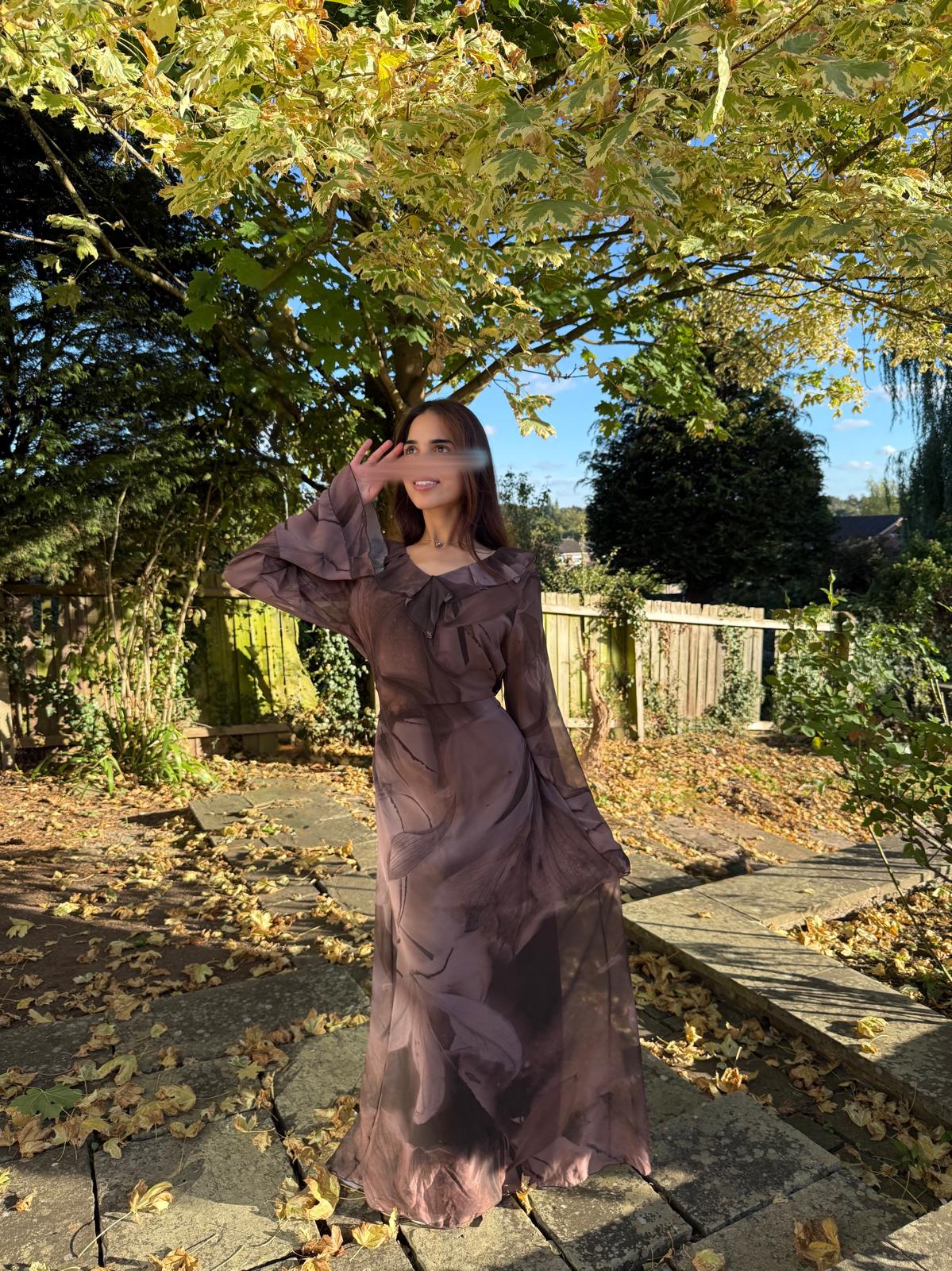 Tie back chiffon dress in brown floral abstract