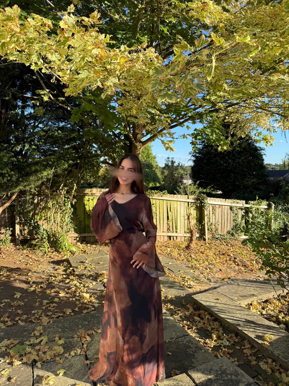 Tie back chiffon dress in brown abstract