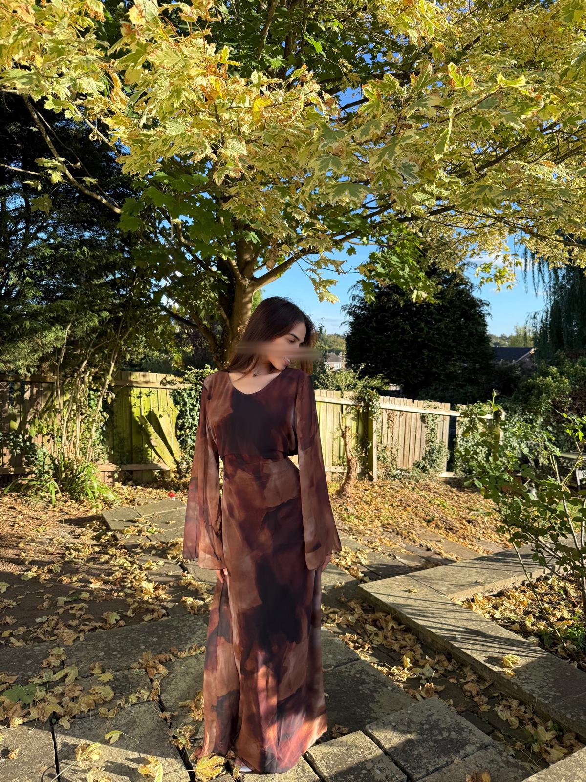 Tie back chiffon dress in brown abstract