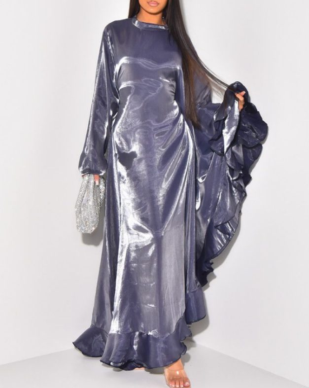 Frill shimmer detail batwing tie occasion maxi dress