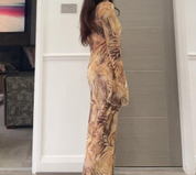 Mesh flared sleeve maxi dress in abstract animal
