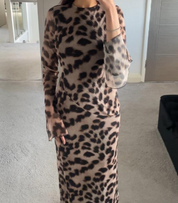 Seam detail mesh maxi dress in fierce leopard