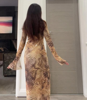 Mesh flared sleeve maxi dress in abstract animal