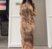 Mesh flared sleeve maxi dress in abstract animal