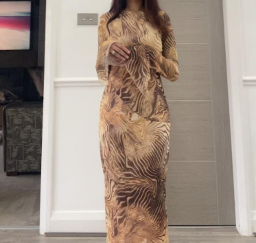 Mesh flared sleeve maxi dress in abstract animal