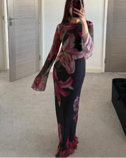 Printed modest mesh dress in florals
