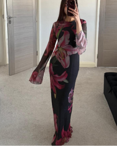 Printed modest mesh dress in florals