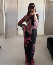 Printed modest mesh dress in florals