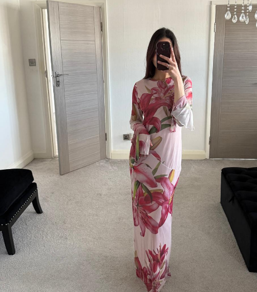 Printed modest mesh dress in florals