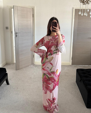 Printed modest mesh dress in florals