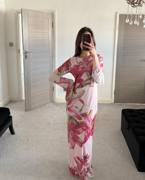 Printed modest mesh dress in florals