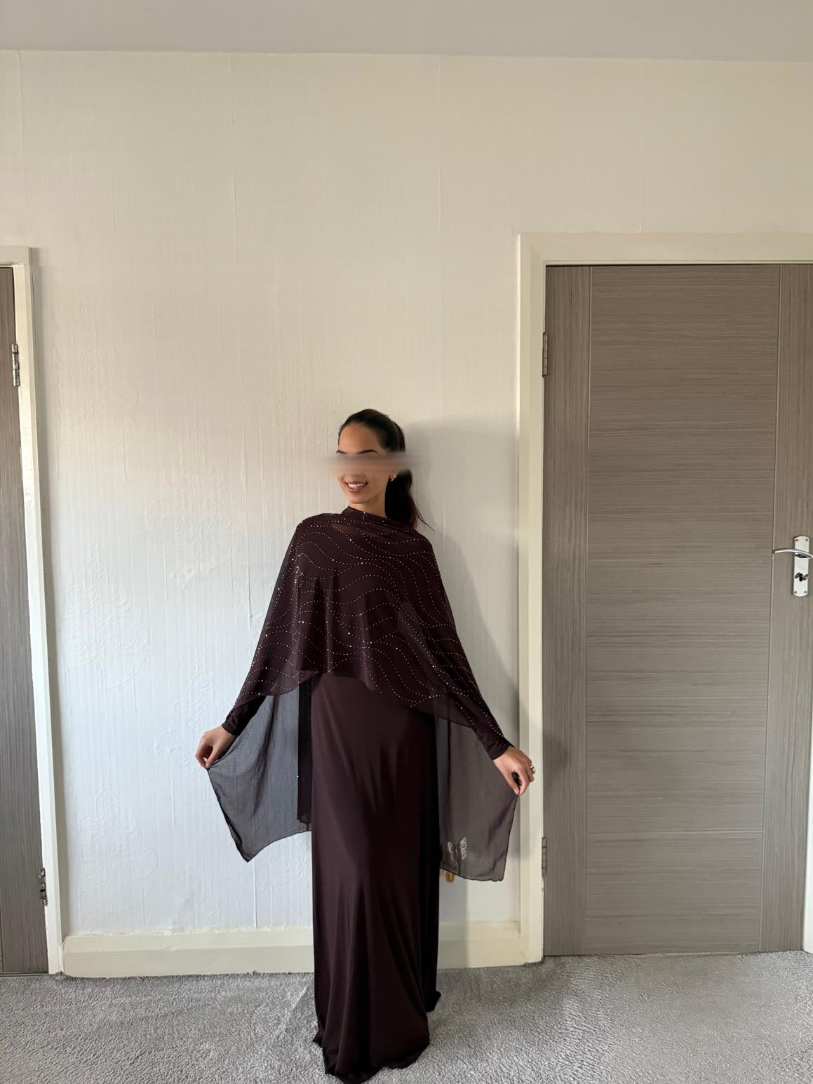 Glitter poncho 2 piece maxi dress in espresso brown